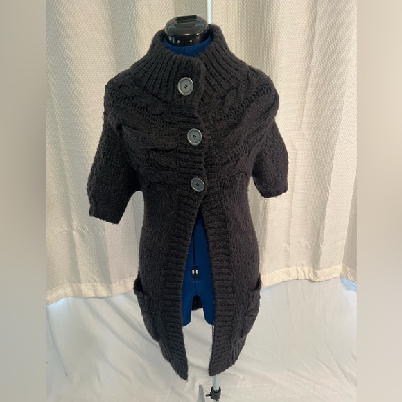 Free People Long Tunic Sweater Cardigan Chunky Knit Short Sleeves Black XS EUC - Picture 3 of 9